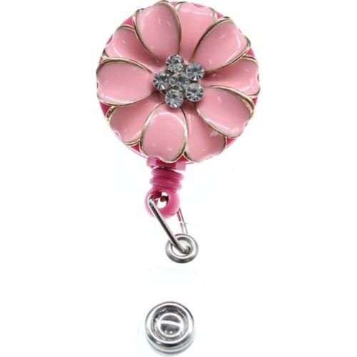10pcs/lot New Style Pink/White/Black Enamel With Rhinestone Flower Retractable Pull Reel Name Holder