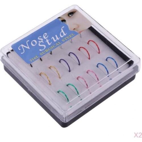 36pcs Mixed Color 316L Stainless Steel Nose Studs Hoops Piercing Rings