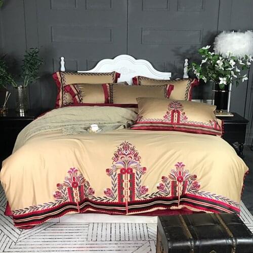 Red Beige 120S Egyptian cotton Embroidery Royal Bedding sets Queen King Wedding Duvet cover Bed sheet set Pillowcases 4/6pcs