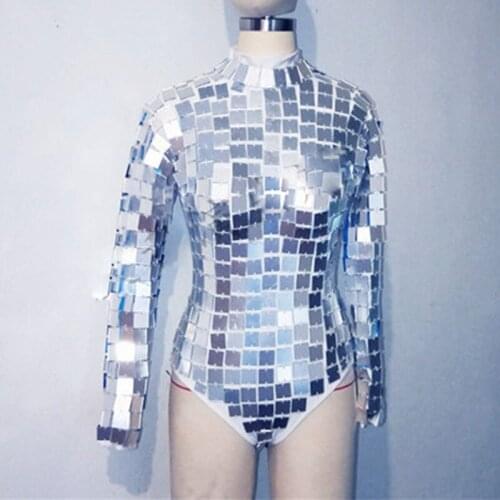 Reflective Mirrors Bodysuit Bar Nightclub Women DS Gold Silver Sequins Costume DJ Singer Clothes Jazz Outfit Stage Wear DNV13025