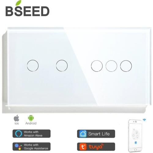 Bseed Smart 5 Gang WifI Touch Switch Work With Tuya Alexa Light Switch White Black Gold Mirror Crystal Panel Google Home