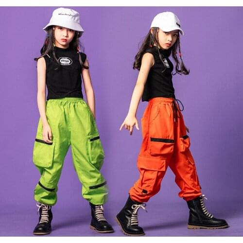 Children Cool Hip Hop Clothing Black Tank Crop Top T Shirt White Streetwear Tactical Cargo Pants for Girls Dance Costume Clothes