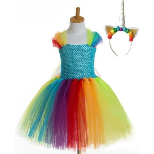 Halloween Unicorn Dress Girls Rainbow Design Tutu Dresses Kid Children Stage Performance Festival Birthday Princess Dress Gifts