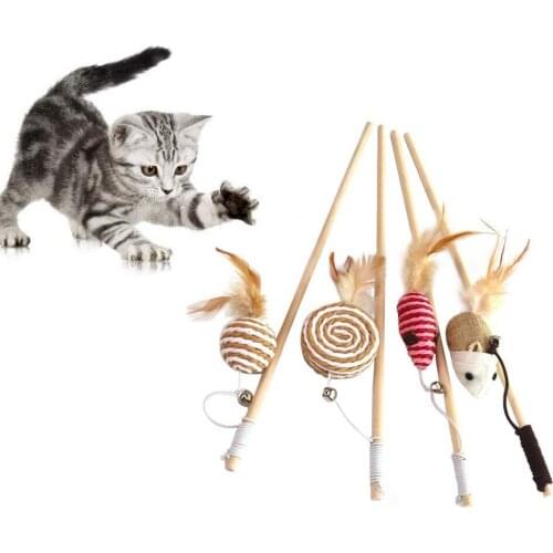 Pet Cat Teaser Toys Feather Linen Wand Cat Catcher Teaser Stick Cat Interactive Toys Wood Rod Mouse Toy With Mini Bell Wholesale