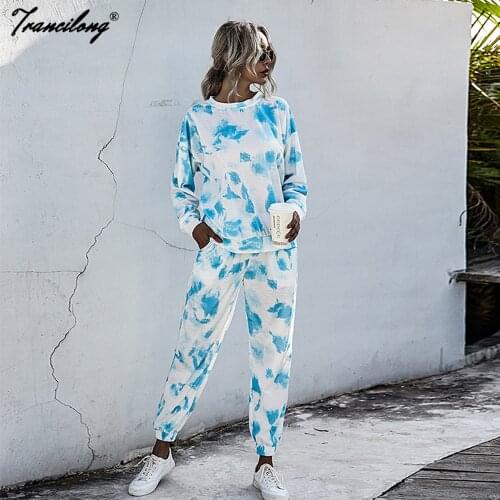 Casual Home Lounge Wear Tracksuit Sports Tie Dye Cotton Full Sleeve Two Piece Pants Set Women Pullover Plus Size Sweat Suit 2021