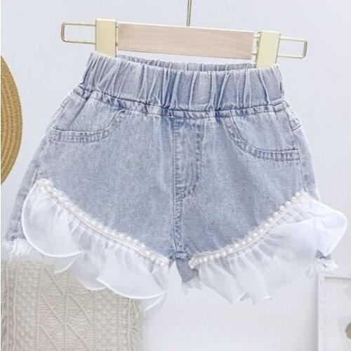 Baby Girl Denim Shorts Fashion Lace Beaded Jeans Pants Girls Kids Summer Wear Children Clothes