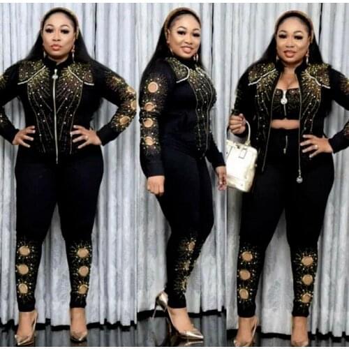 3 Piece Set African Clothes for Women Tracksuit Dashiki Diamonds Blazer Bra Pants Suits Famous Bazin Jogging Vetement Femme 2021