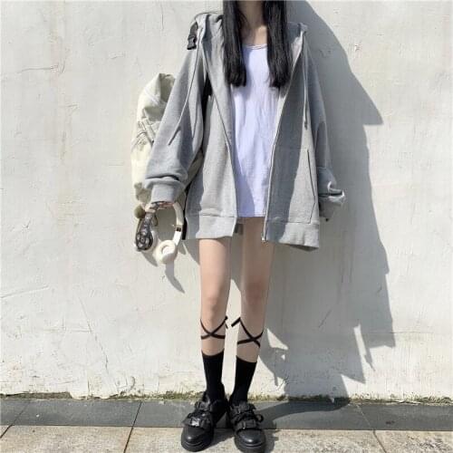 Korean Woman Y2K Solid Color Zipper Vintage Sweatshirt Casual Loose Hoodie Harajuku Aesthetic Streetwear Female Tops Coats