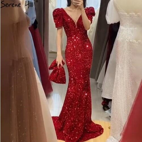 Serene Hill Red Shining Luxury Mermaid Evening Gown 2021 Elegant Puffy Sleeves Sexy V-Neck Formal Party Dress CLA71181