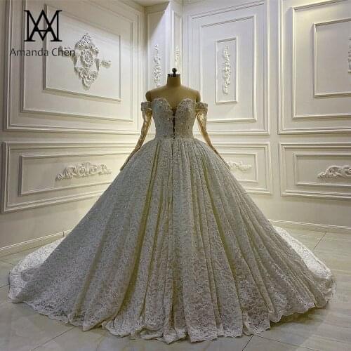 Vestido blanco Off Shoulder Long Sleeve Lace Crystal Wedding Dress