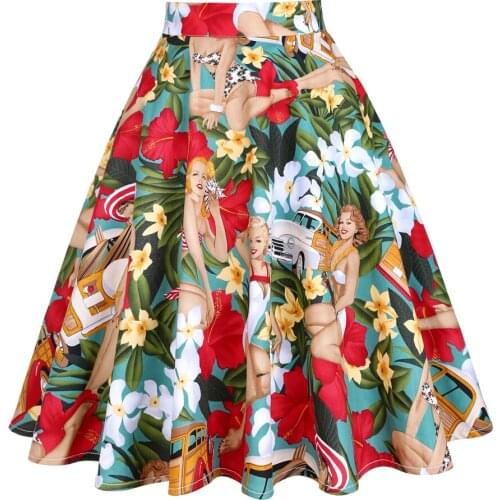 Summer Cotton Floral Car Beauty Print High Waist Skirts Womens 2021 Retro Vintage Skirt Elegant Swing Women A Line Skirt