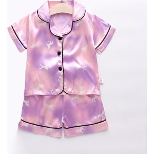 Fashion Pony Girls Pajamas Set Summer Short Sleeve Children Sleepwear Suit Silk Baby Boy Pyjamas Set For Kids Home Wear Clothing