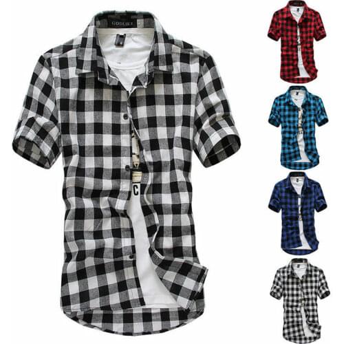Mens Casual Dress Shirt Plaid Short Sleeve Shirts Tops Tee Button-Down Shirts Summer Short Sleeve T Shirt Tops Tee Blue Red