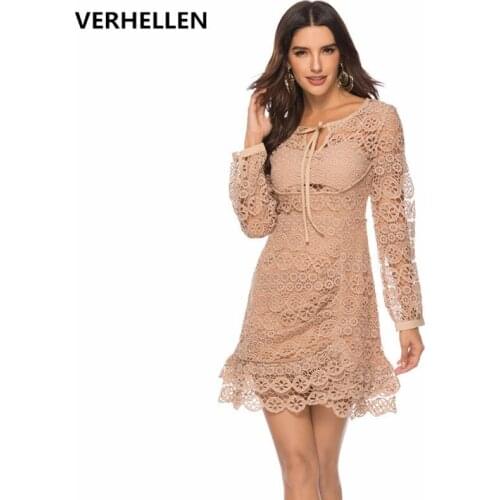VERHELLEN High Quality Self Portrait Dress 2019 Autumn Womens Long Sleeve O-Neck Hollow Out Slim Lace Dress Elegant Mini Dress