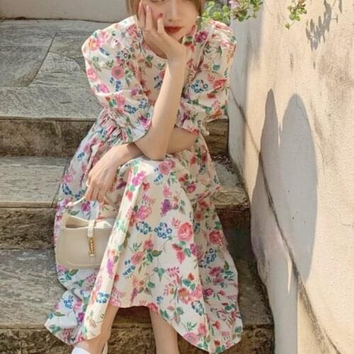 Elagant Sweet Dress Women Gentle Temperament Casual Korean Floral Print Maxi Dress Female Puff Sleeve Beach Dress Summer 2021