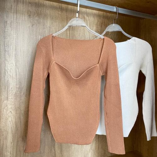 Casual Womens Low-cut Square Collar Knitted T-shirt Chic Long Sleeve Unqiue Knitted Top