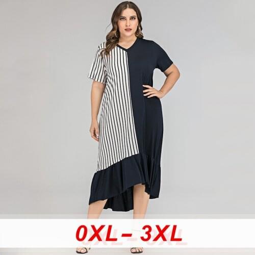 Casual V Neck Frill Hem Striped Dress Womens Loose Colorblock Asymmetric Midi Dress Female OL Irregular Fold Plus Size Dress