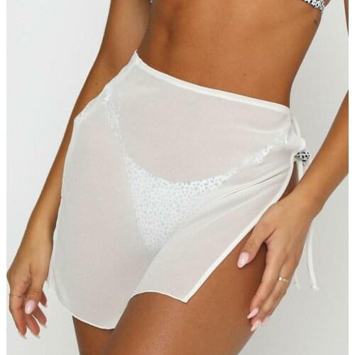 See Through Lace Up Sheer Skirts Swimsuit Cover-Ups Solid Color Women Beach Skirts Summer Female High Waist Mini Cover Ups