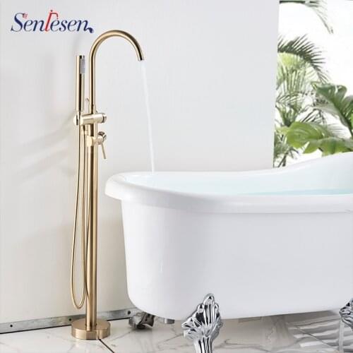 Senlesen Bathroom Shower Flooring Standing Faucet Brushed Golden Brass Double Handles Cold and Hot Mixer Tap