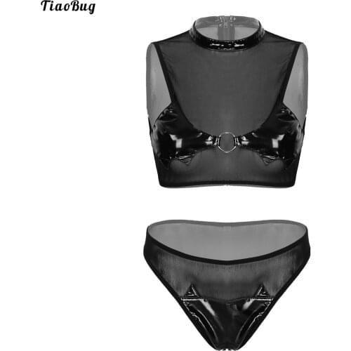 TiaoBug Women See-Through Mesh Patent Leather Patchwork Bikini Lingerie Suit Mock Neck Sleeveless Tops With Briefs Swimwear