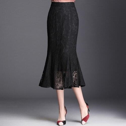 2020 Spring Summer Womens Ruffled Black Lace Mermaid Skirt , Fall Slim 4xl High Waisted Trumpet Skirts for Woman