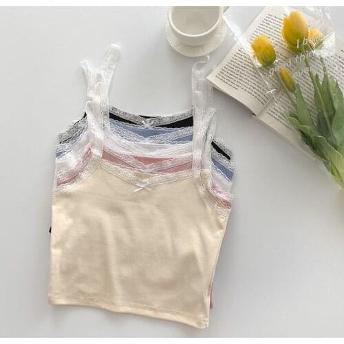 Sweet Bow Lace Strap Camisole Womens 2021 Summer Fashion Solid New Korean Crop Tops Causal Street Y2k Tank Tops
