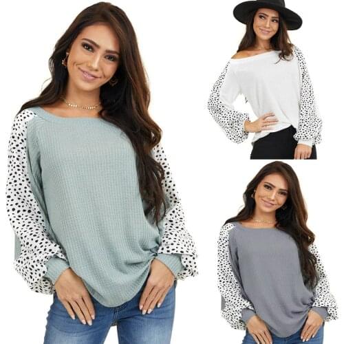 Womens New Knitted Top Stitching Loose Long Sleeve T-shirt for Women White Gray Green Shirt