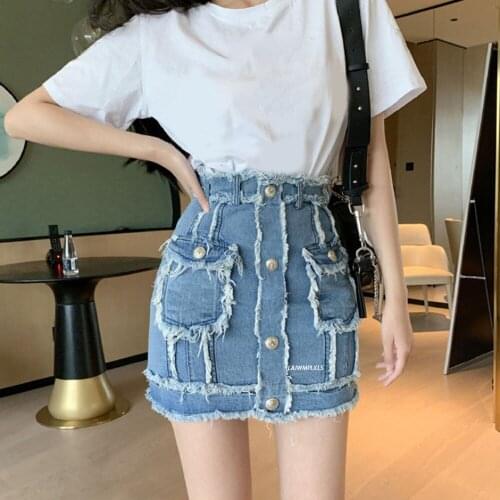 2021 Summer Woman Skirts New Stitching Pockets High Waist Hip Button Tassel Denim Skirt Design Pencil Skirt jupe femme saias