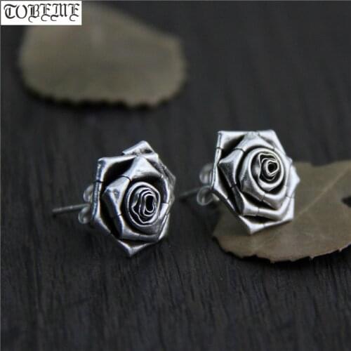 Handcrafted 100% 925 Silver Stud Earrings Thailand 925 Sterling Women Earrings Vintage Silver Rose Flower Bohemia Earrings