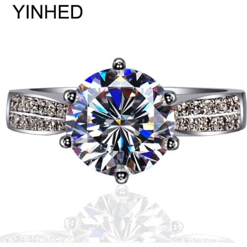 YINHED Luxury Female Wedding Ring Genuine 925 Sterling Silver Ring 2 Carat AAA Cubic Zircon CZ Engagement Ring Jewelry ZR347