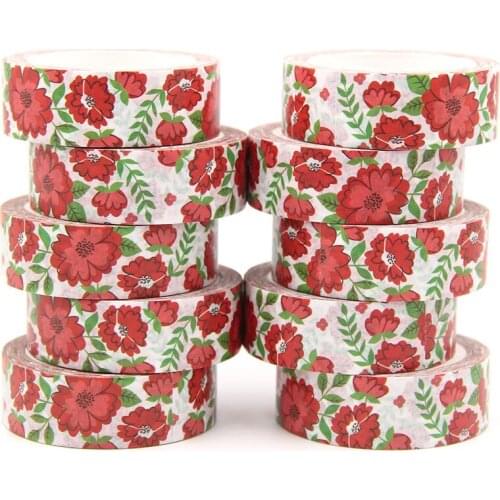 10PCS/lot 15MM*10M Red Flowers Green leaves Washi Stickers Masking Tapes Decorative DIY Stationery office supplies washi tapes