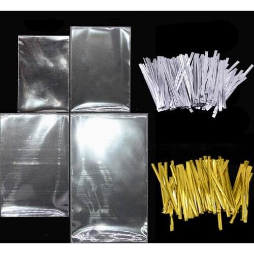 200Pcs/set 4 Sizes Clear Plastic Bag Flat Open Top For Lollipop Candy Cookie Gift Bags and Gold Silver Ties Wedding Party Supply