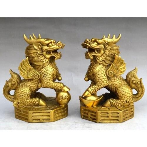 7" China Feng shui Brass Exorcism evil Dragon Kylin Bagua Tai ji qilin Statue Pair