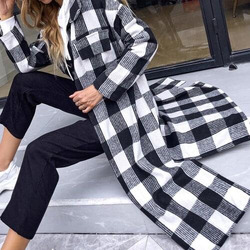 Black White Plaid Trench Coat Women 2021 Autumn Winter New Casual Korean Fashion Lapel Over The Knee Long Coat Female