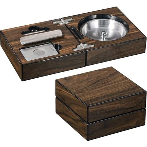 Top grade wood ashtray box piano lacquer cigar holder foldable big portable tobacco cigar cutter drill cap smoking accessories