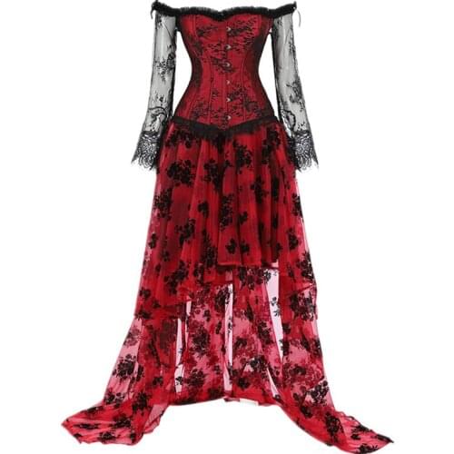 Women Steampunk Corset Dress Sexy Lace Long Sleeve Flat Shoulder Overbust Corset Plus Size S-6XL