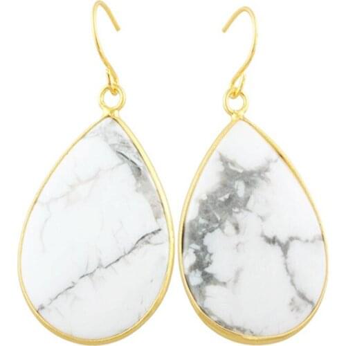 FYJS Unique Jewelry Light Yellow Gold Color Water Drop White Howlite Stone Earrings for Anniversary Gift
