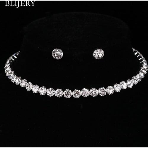 BLIJERY Silver Color Circle Crystal Bridal Jewelry Sets African Beads Choker Necklace Earrings Set for Women Wedding Accessories