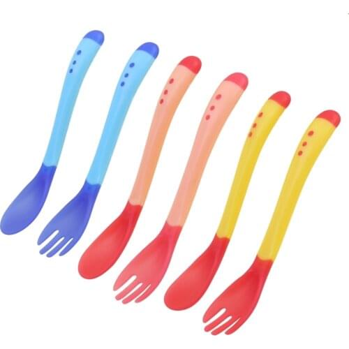 1 Sets Baby Temperature Sensing Fork Spoon Boys Girls Feeding Spoon Safety Silicone Baby Eating Aids
