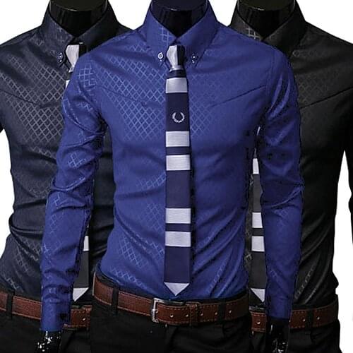 Fashion Men Argyle Luxury Business Style Slim Long Sleeve Casual Dress Shirt