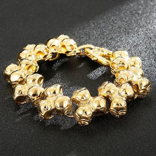 Fashion Punk Long Skull Bracelets For Men Stainless Steel Skull Charm Link Chain Brecelets Male Gothic Gold Color Male Jewelry