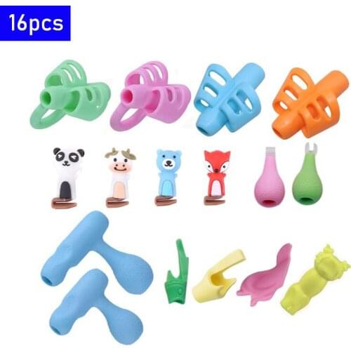 16 Pieces of Various Three-finger Silicone Pen Holder Beginner Writing Tools Baby Posture Correction Products with Pencil Case