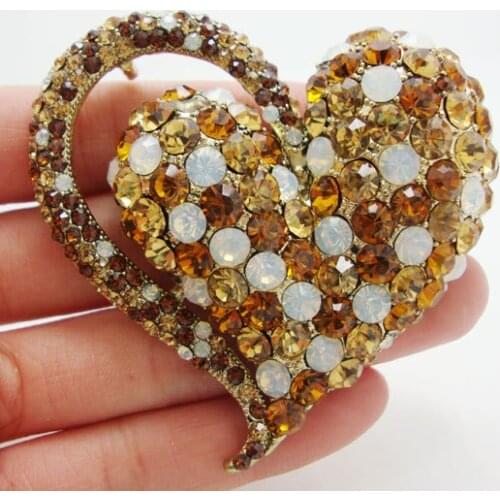 New Elegant Retro Love Heart Pendant Brooch Pin Brown Austrian Crystal Rhinestones