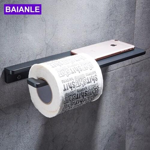 Bathroom Roll Paper Holder Creative Decorative Aluminum Black Toilet Paper Holder with Shelf Phone Paper Towel Holder Wall Mount