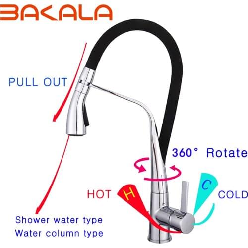 BAKALA Single Handle Chrome And Black Kitchen Faucet Pull Out Sink Mixer Tap Kitchen Taps Spray Head Deck Mounted Faucets Mixer