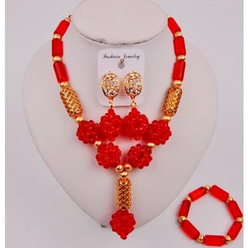 African Wedding Jewelry Fashion Nigerian Bride Wedding Dress Accessories Red Crystal Necklace Set LS-79