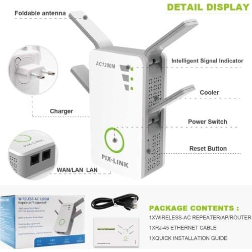 WiFi Range Extender Wireless Repeater 1200Mbps Wi-Fi Extender Internet Signal Booster Fast 4 External Antennas Full Coverage