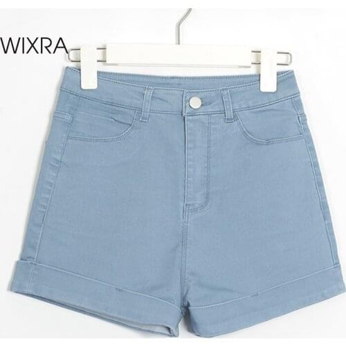 Wixra Solid Cotton Denim Shorts Womens High Waist Casual New Fashion Skinny Bottoms Streetwear 2021 Summer Hot