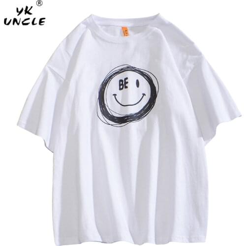 YK UNCLE 2021 Summer O neck Short sleeve Men T Shirt 100% Cotton Smile Emoticon Lines Printed Fashion Casual Oversize T-shirts