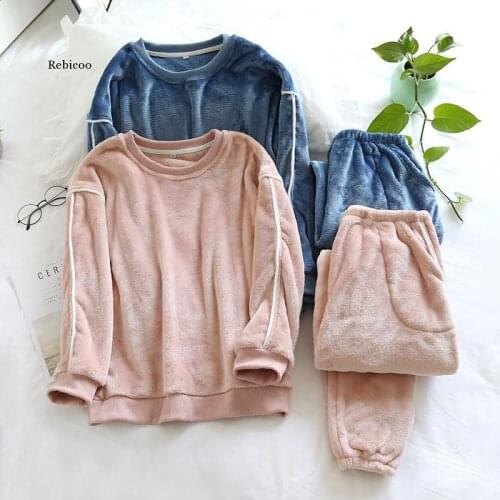 Women Winter Homewear Thicken Flannel Warm Pajamas Set Coral Fleece Lounge Wear Thick Home Clothes Couple Winter Pajamas